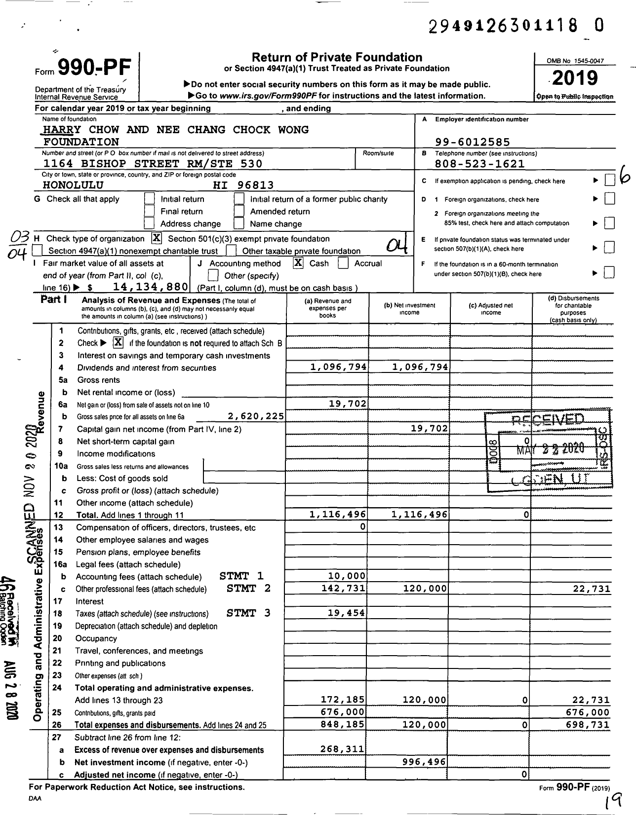 Image of first page of 2019 Form 990PF for Harry Chow and Nee Chang Chock Wong Foundation