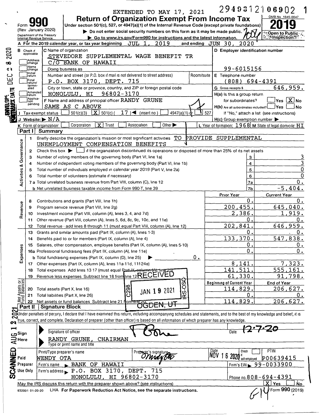 Image of first page of 2019 Form 990O for Stevedore Industry Fringe Benefit Trust