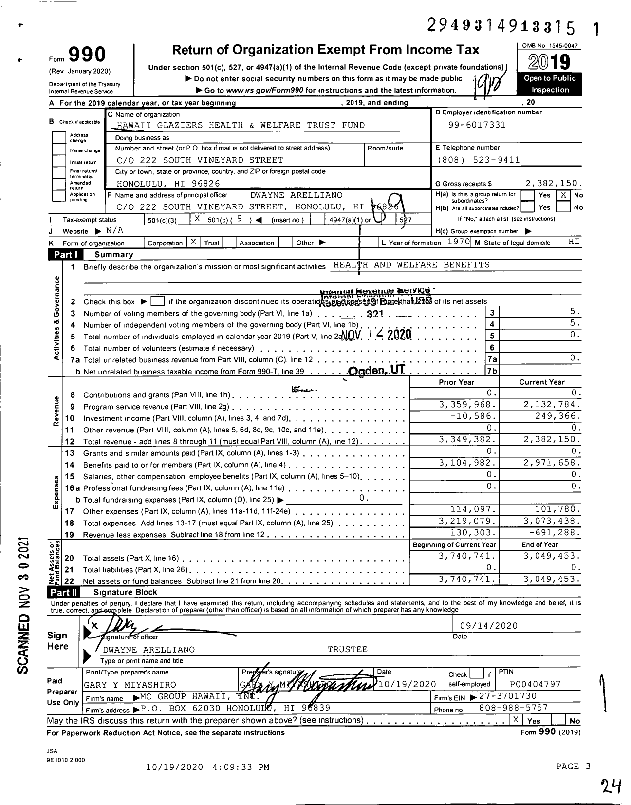 Image of first page of 2019 Form 990O for Hawaii Glaziers Health and Welfare Glaziers Health&welfare Trust Fund