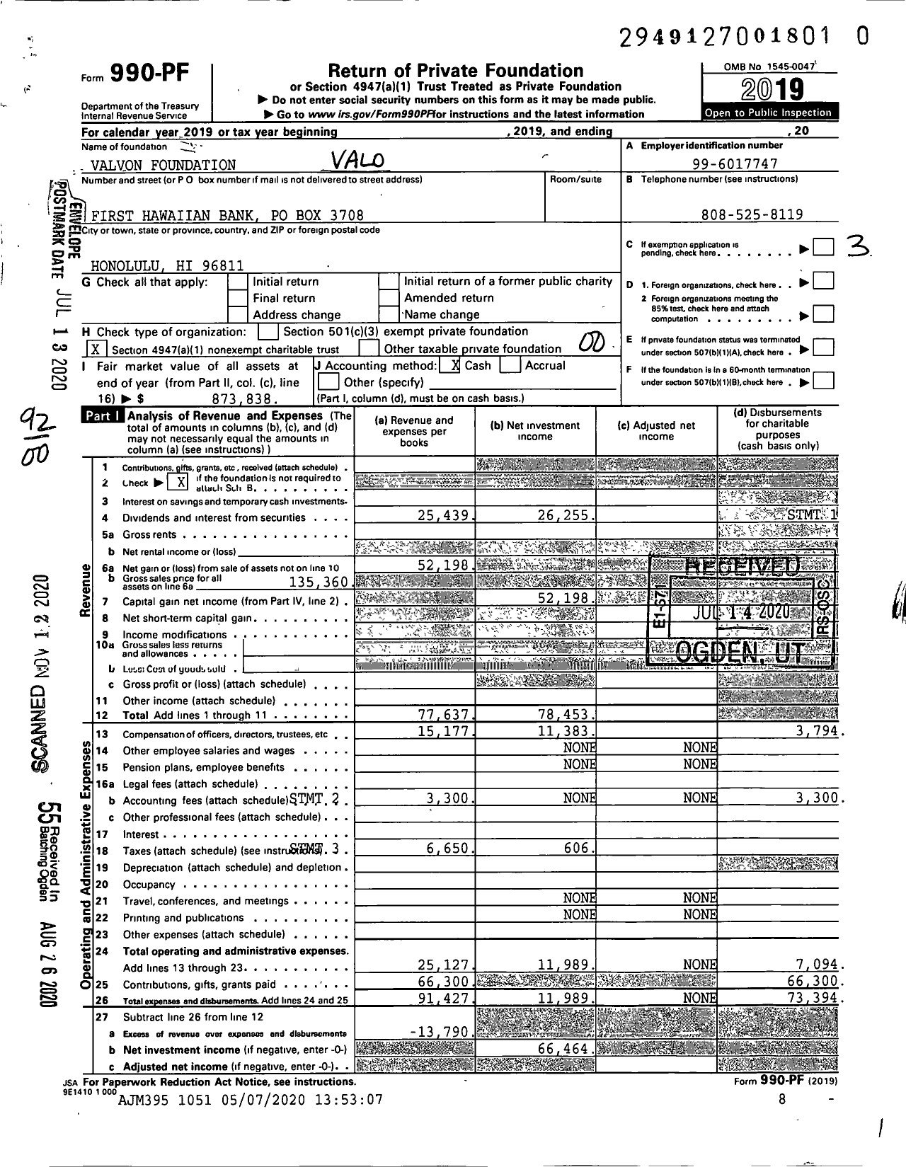 Image of first page of 2019 Form 990PF for Valvon Foundation