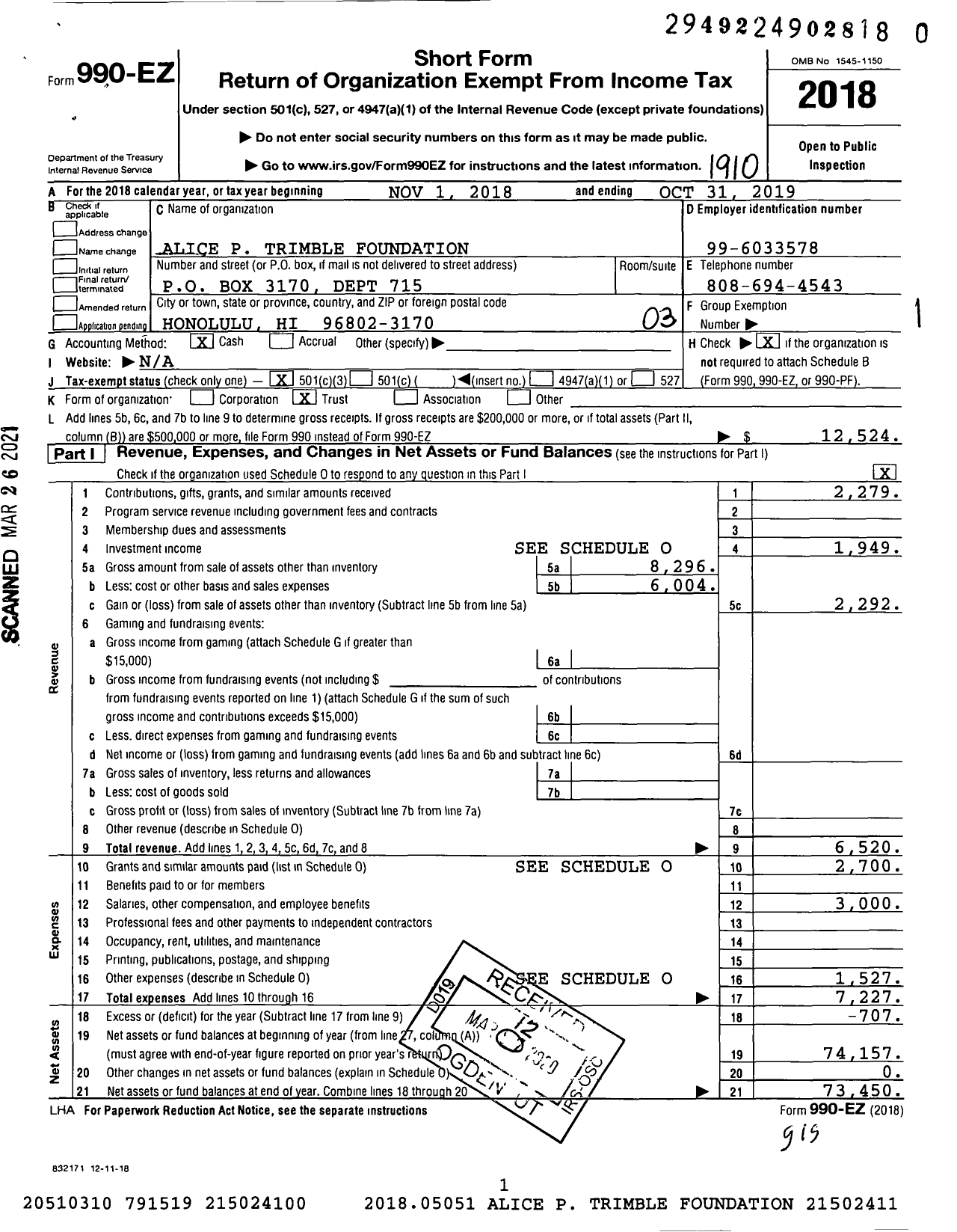 Image of first page of 2018 Form 990EZ for Alice P Trimble Foundation