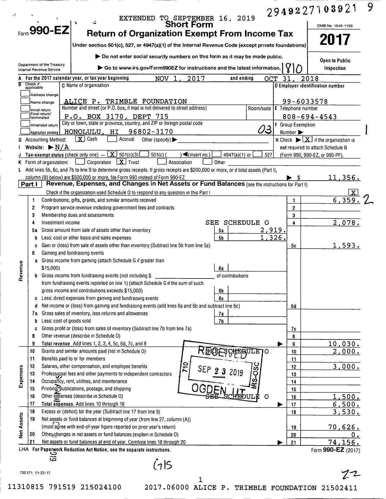 Image of first page of 2017 Form 990EZ for Alice P Trimble Foundation