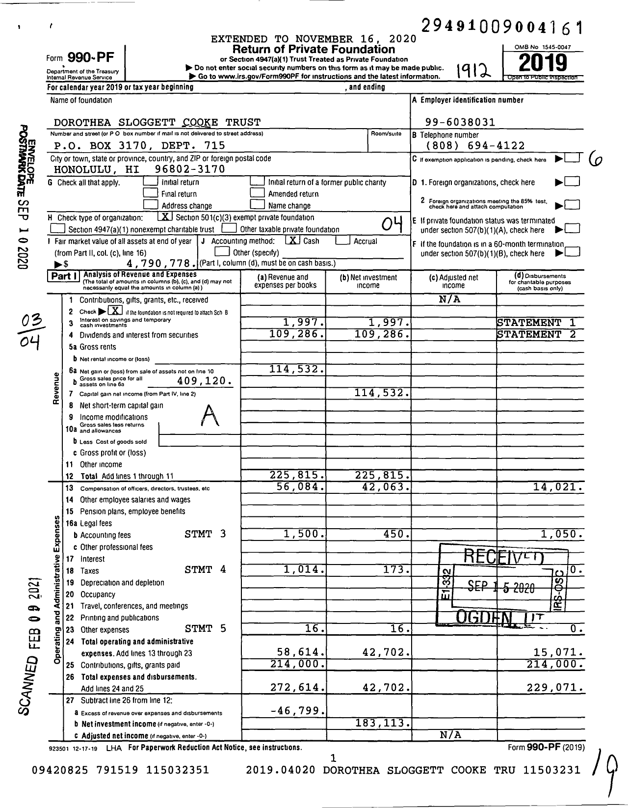 Image of first page of 2019 Form 990PF for Dorothea Sloggett Cooke Trust