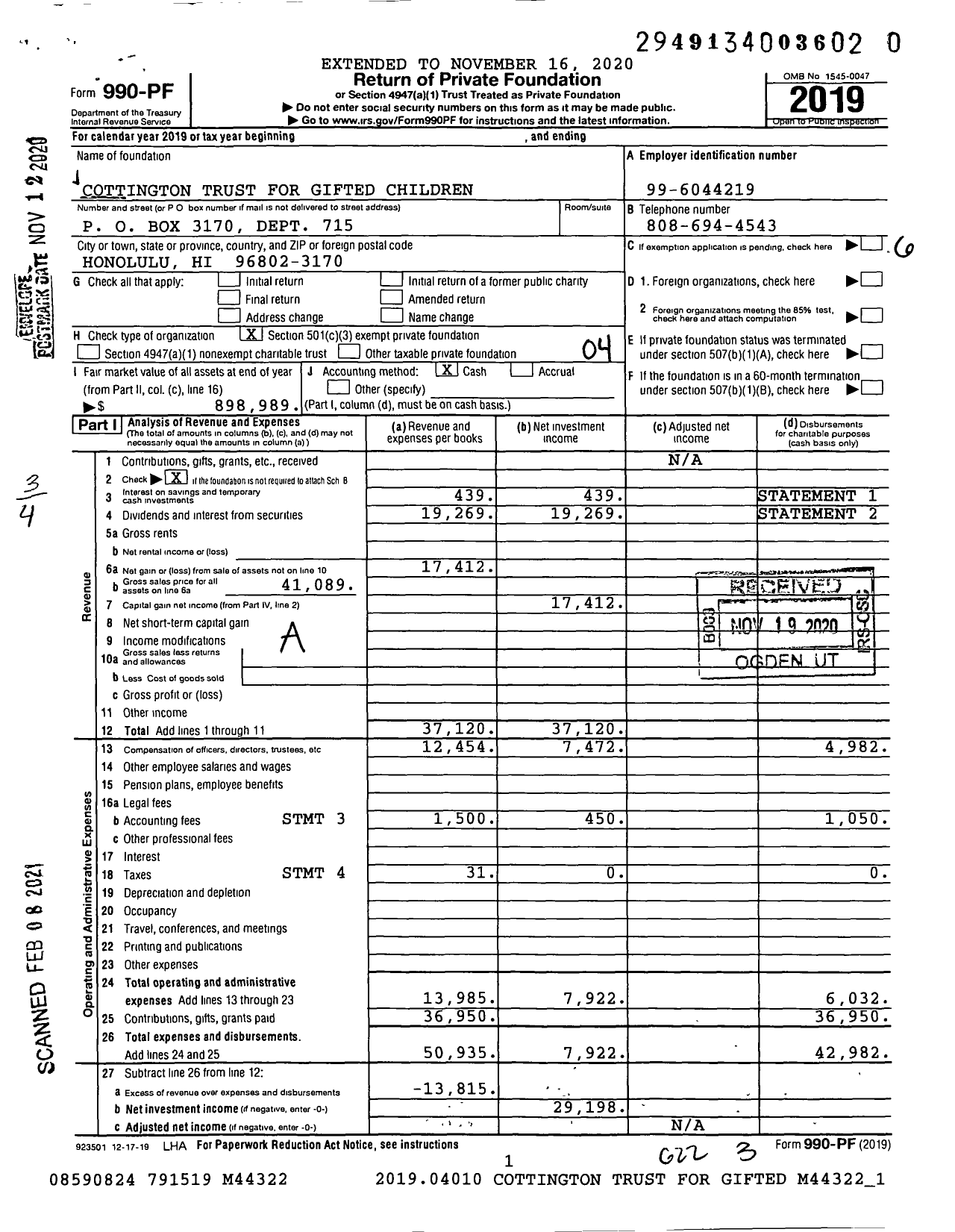 Image of first page of 2019 Form 990PF for Cottington Trust for Gifted Children