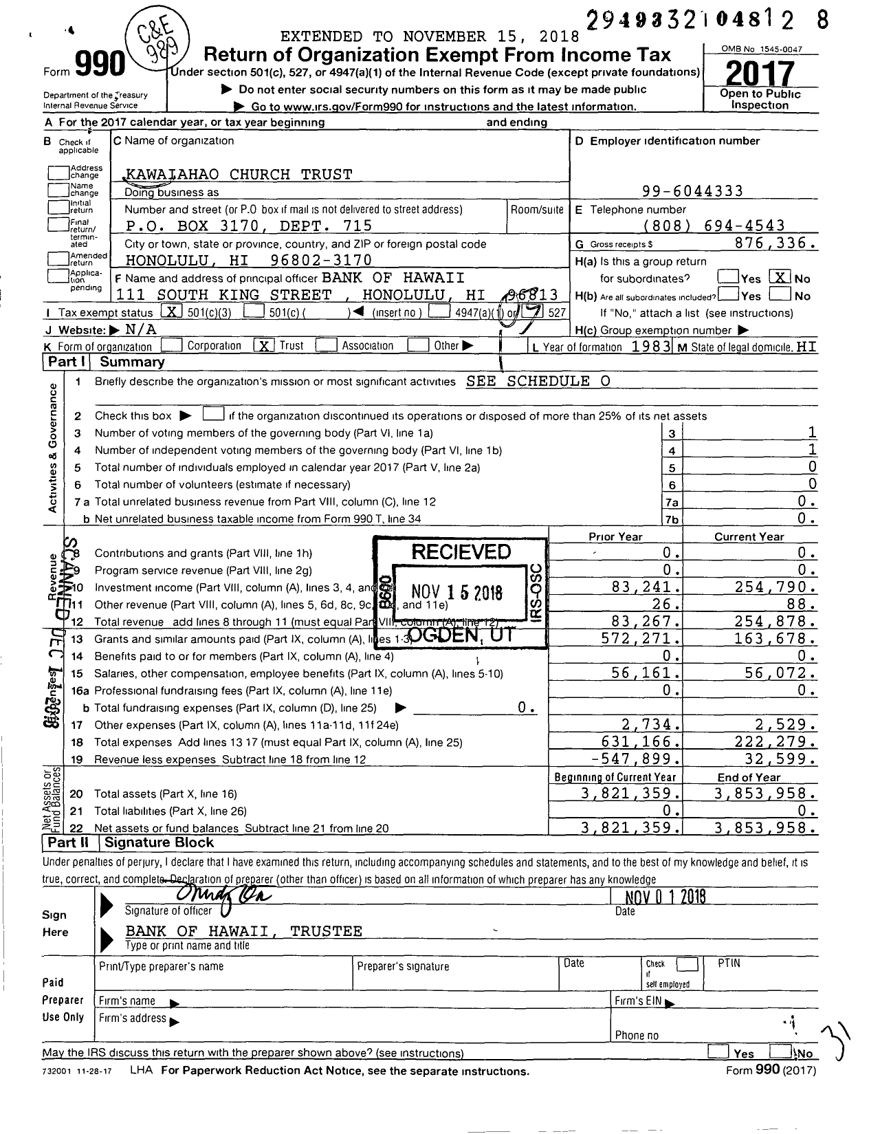 Image of first page of 2017 Form 990 for Kawaiahao Church Trust
