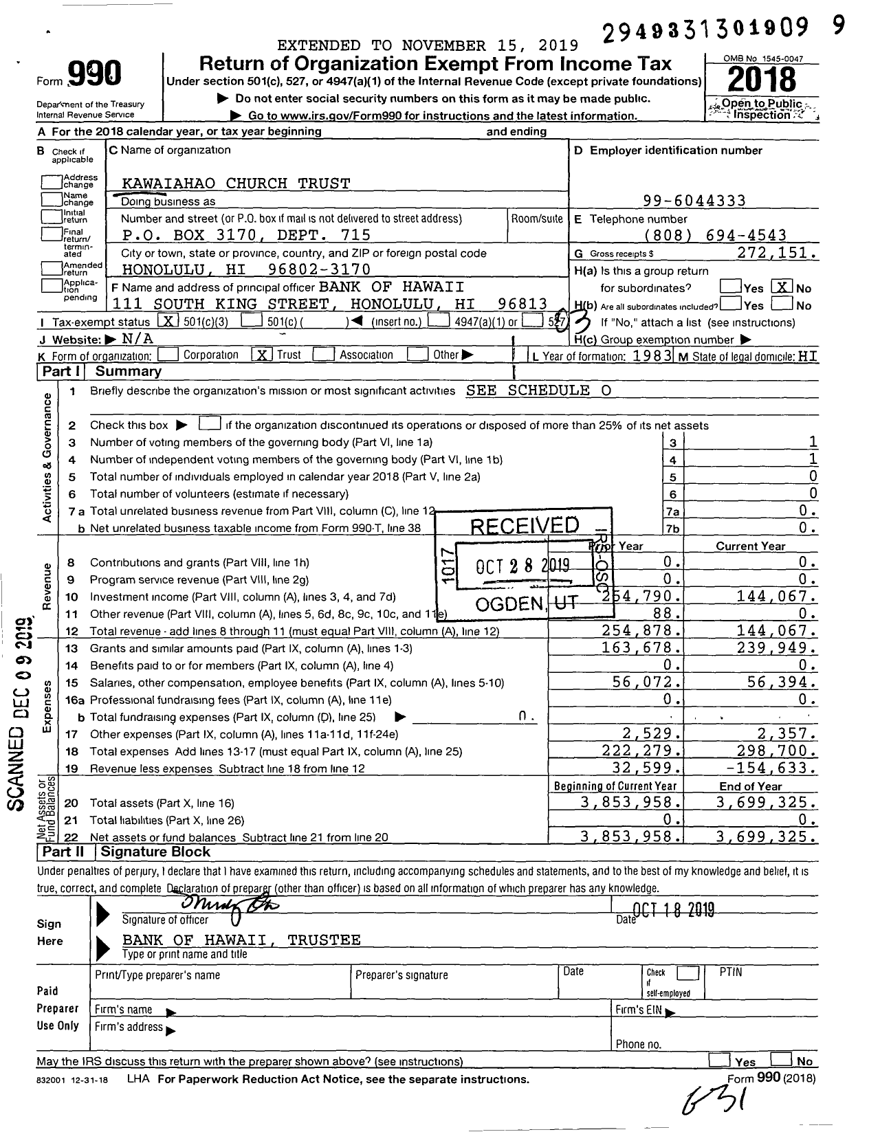 Image of first page of 2018 Form 990 for Kawaiahao Church Trust