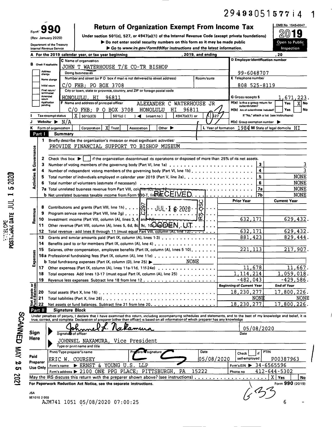 Image of first page of 2019 Form 990 for John T Waterhouse Te Co-Tr Bishop