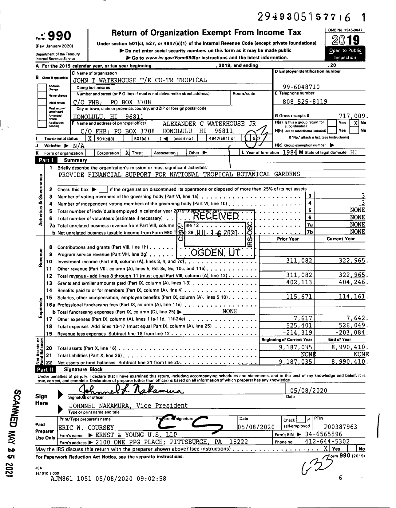 Image of first page of 2019 Form 990 for John T Waterhouse Te Co-Tr Tropical