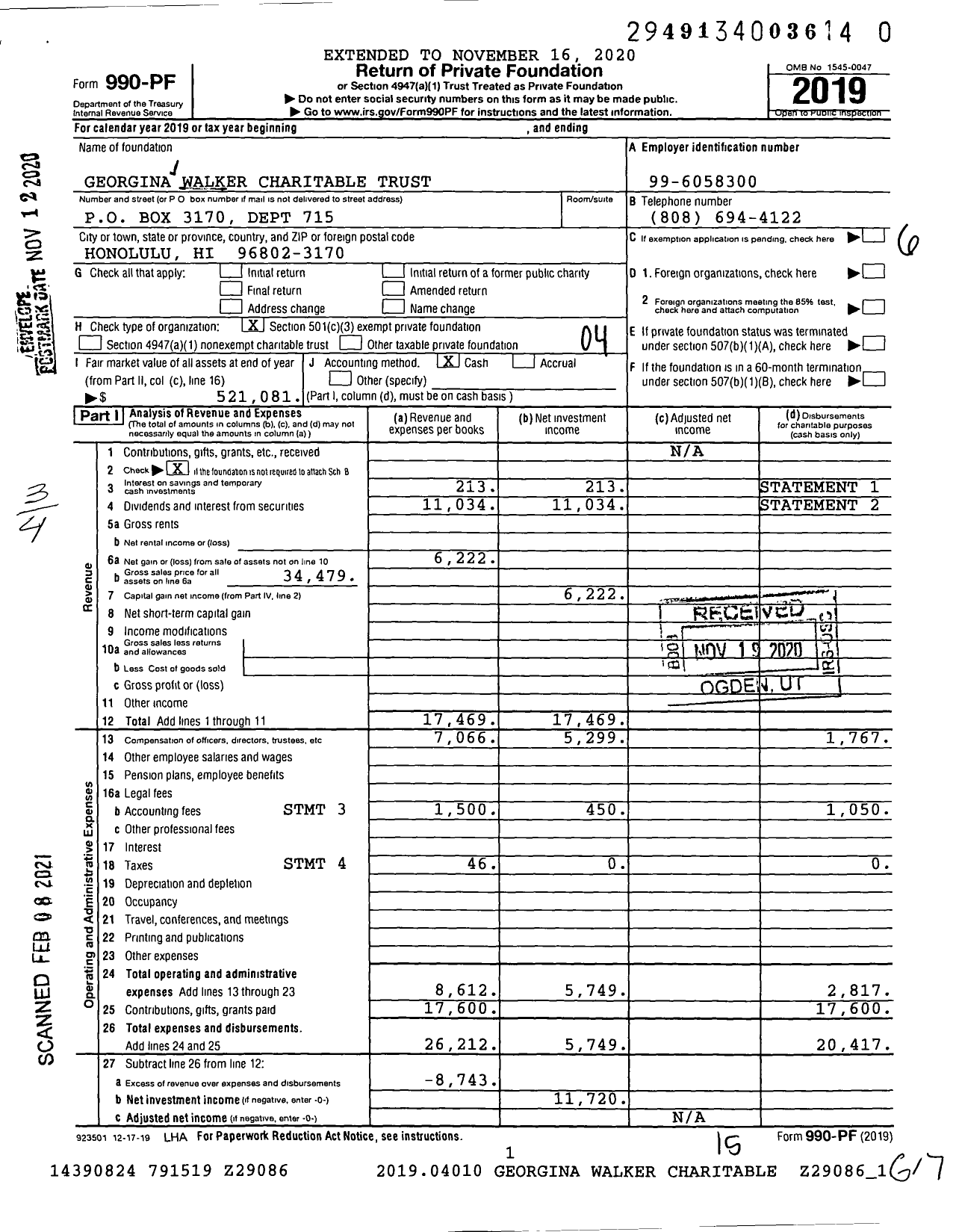 Image of first page of 2019 Form 990PF for Georgina H Walker Charitable Trust