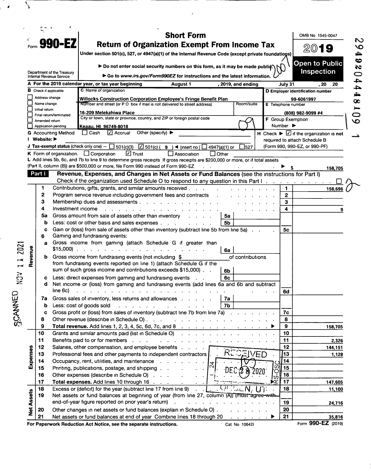 Image of first page of 2019 Form 990EO for Willocks Construction Corporation Employee's Fringe Benefit Plan