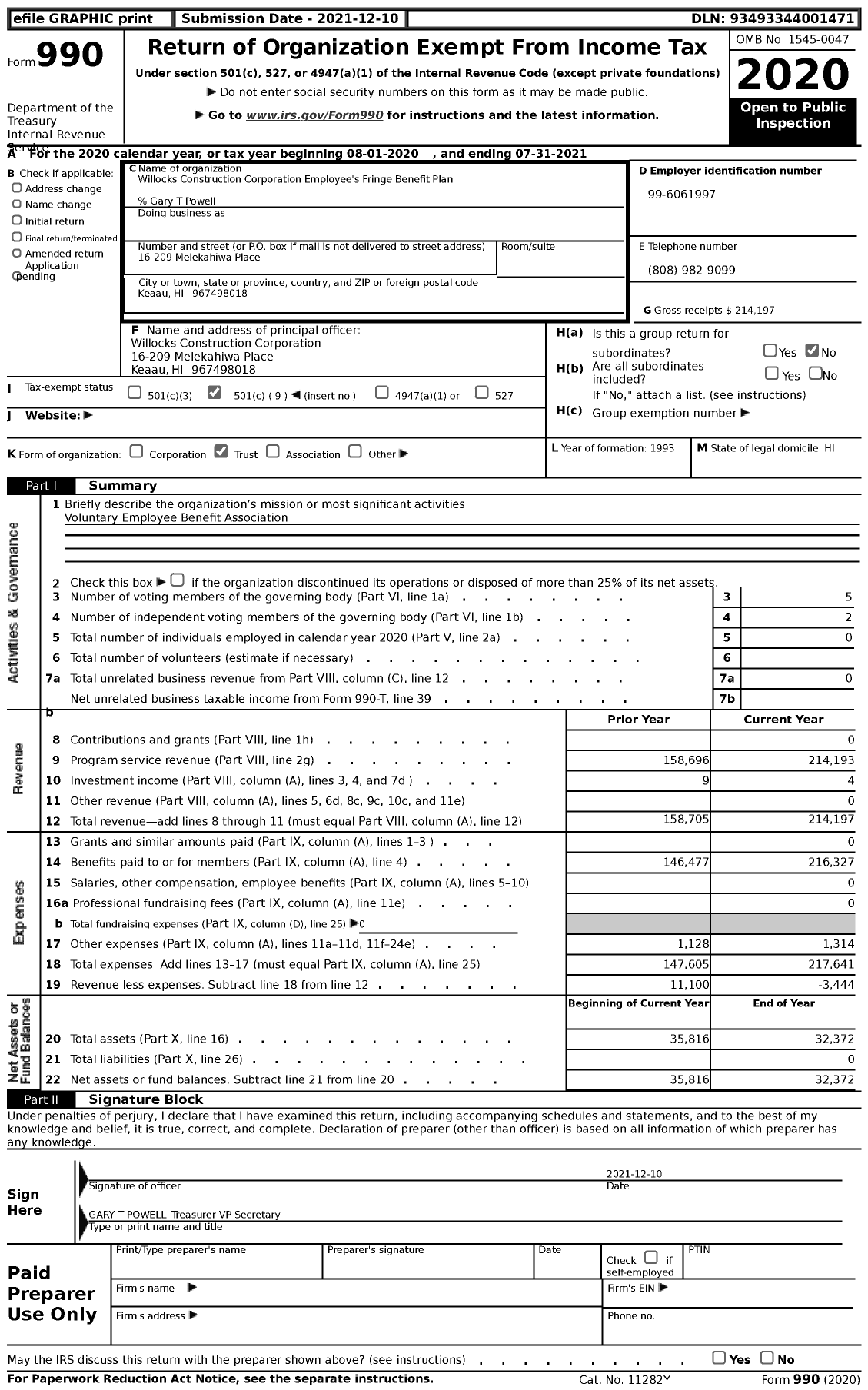 Image of first page of 2020 Form 990 for Willocks Construction Corporation Employee's Fringe Benefit Plan