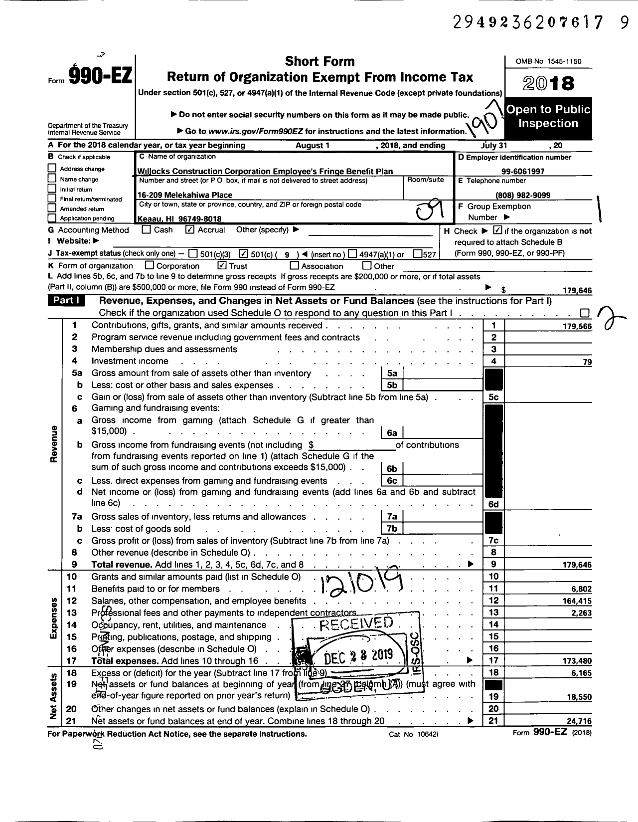 Image of first page of 2018 Form 990EO for Willocks Construction Corporation Employee's Fringe Benefit Plan