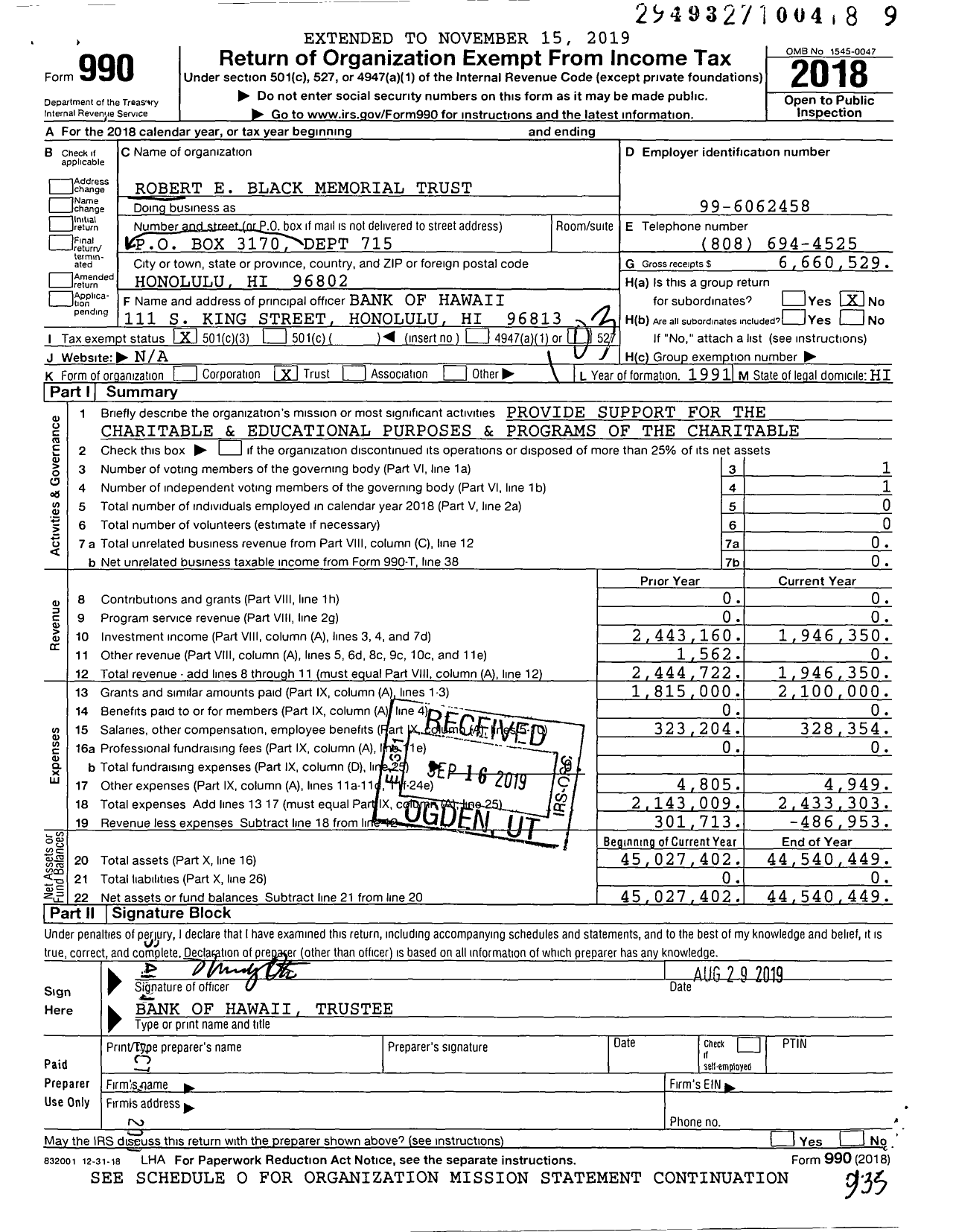 Image of first page of 2018 Form 990 for Robert E Black Memorial Trust