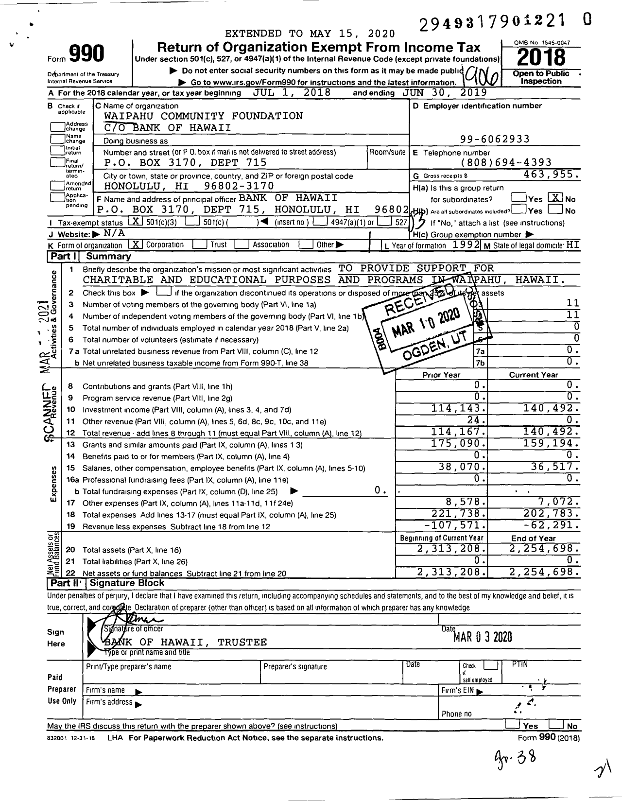 Image of first page of 2018 Form 990 for Waipahu Community Foundation