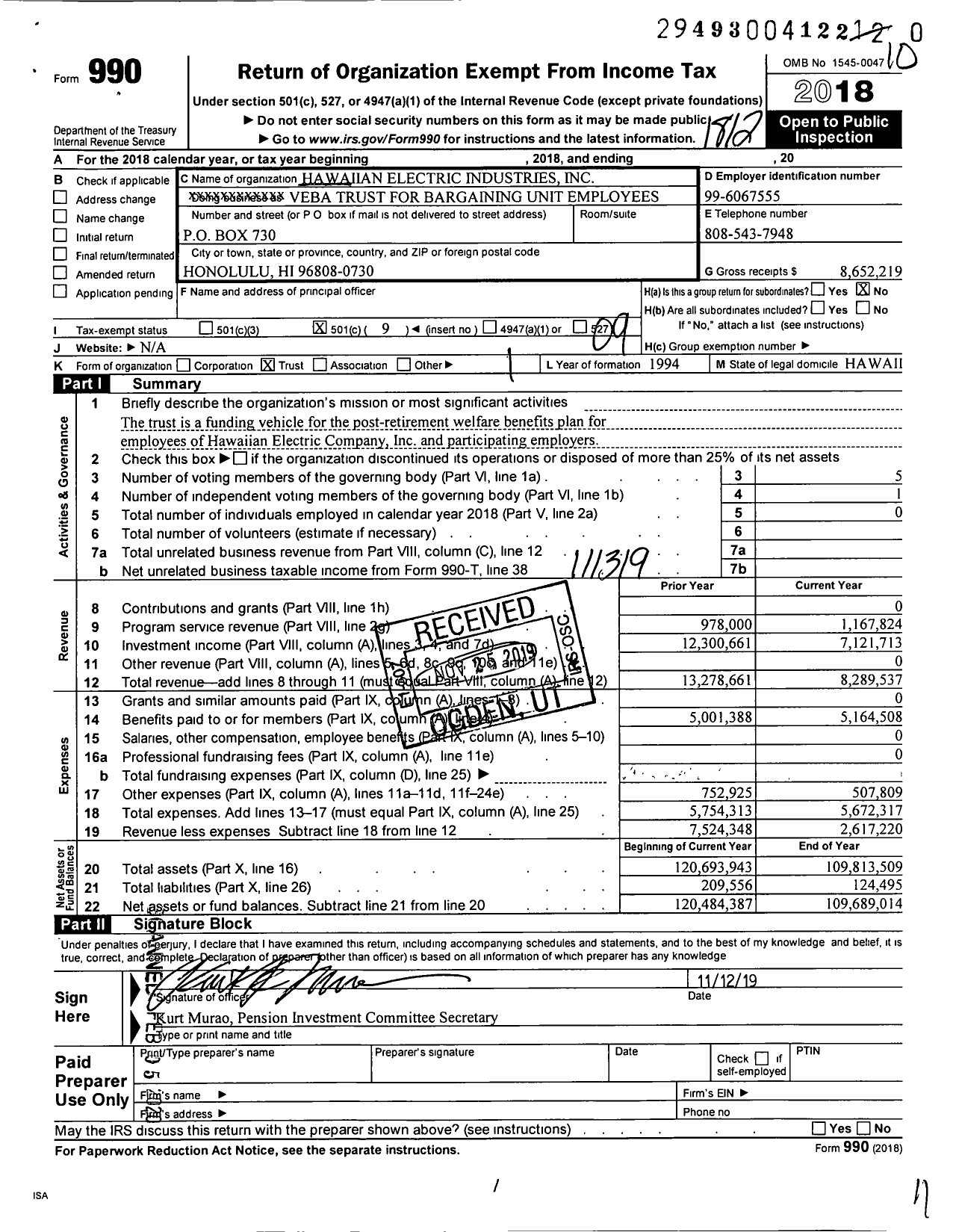 Image of first page of 2018 Form 990O for Hawaiian Electric Industries Veba Trust for Bargaining Unit Employees