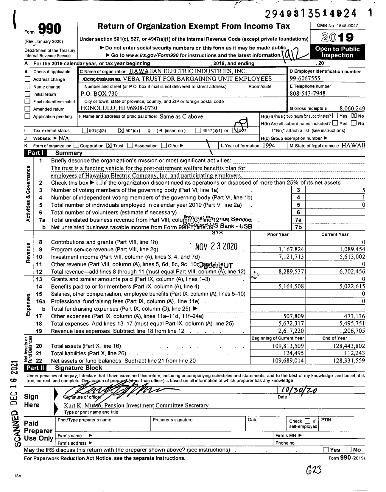 Image of first page of 2019 Form 990O for Hawaiian Electric Industries Veba Trust for Bargaining Unit Employees