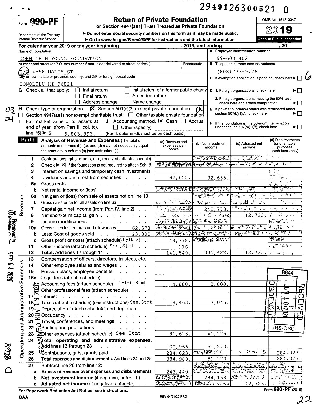 Image of first page of 2019 Form 990PF for John Chin Young Foundation