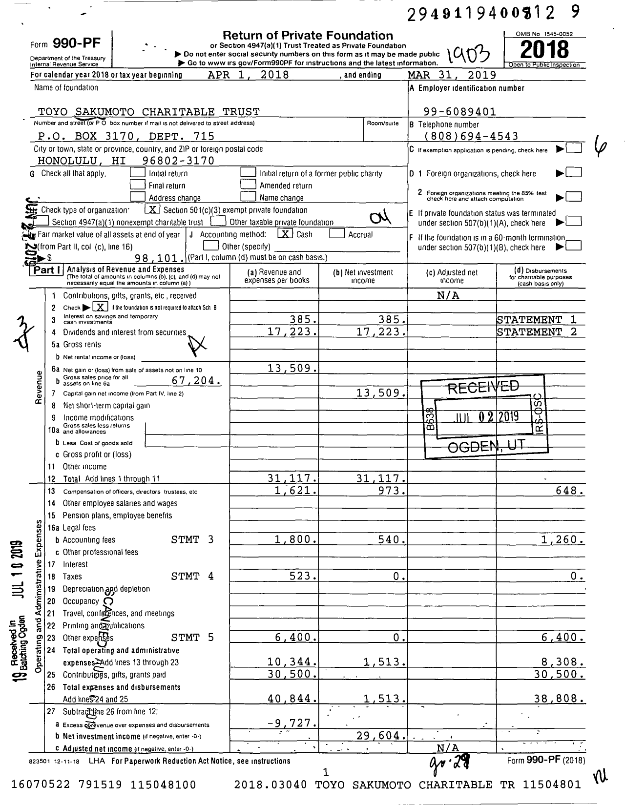 Image of first page of 2018 Form 990PF for Toyo Sakumoto Charitable Trust